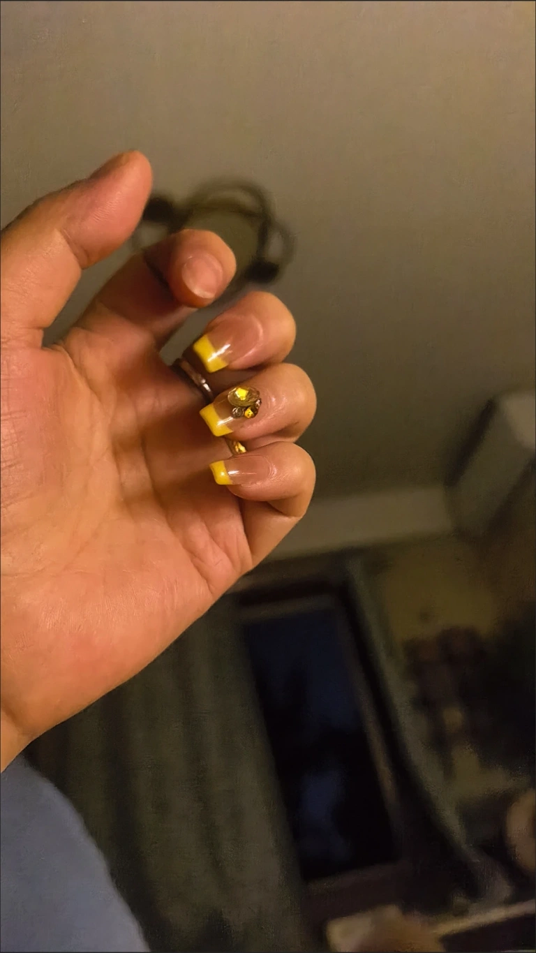 Review photo for Yellow Rhinestone French Tip Medium-Length Square Press-On Nails