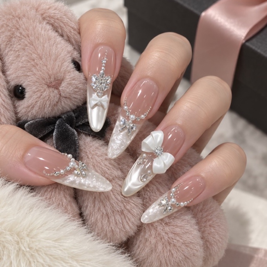 Rhinestone French Tip Pearl Press-On Nails — product view 2