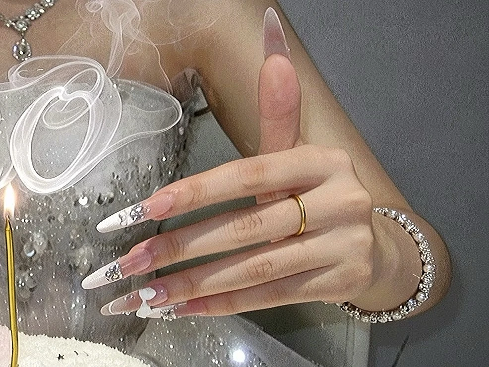 Rhinestone French Tip Pearl Press-On Nails — customer review photo