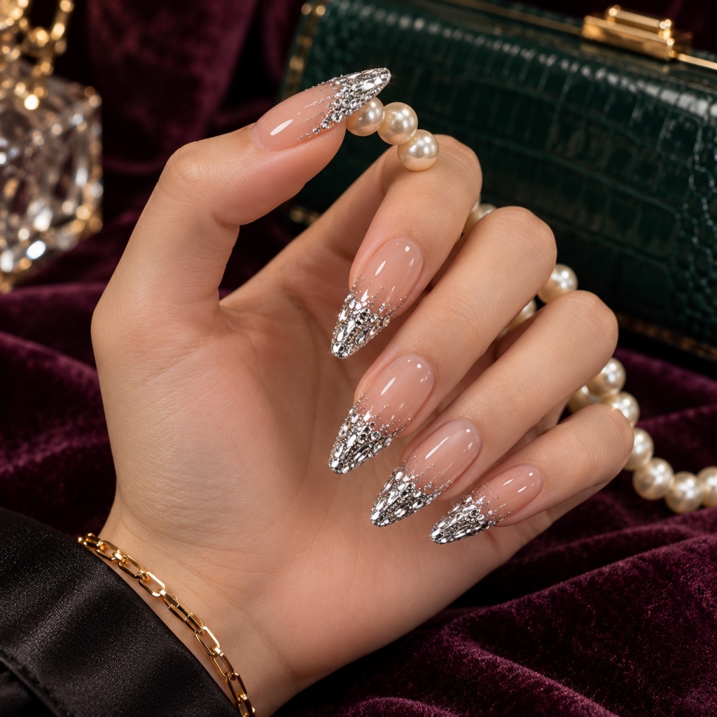 Rhinestone French Tip Silver Press-On Nails — product view 5