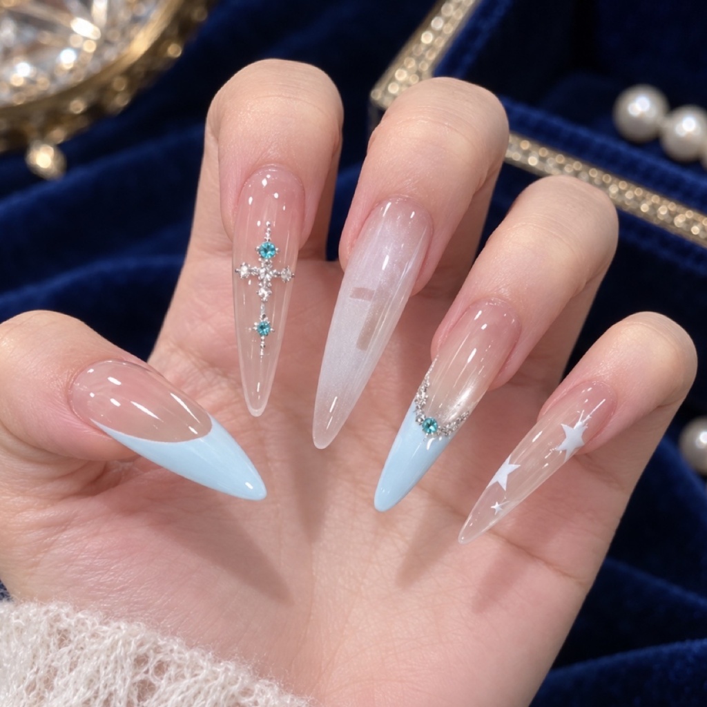 Rhinestone French Tip Star Press-On Nails — product view 1