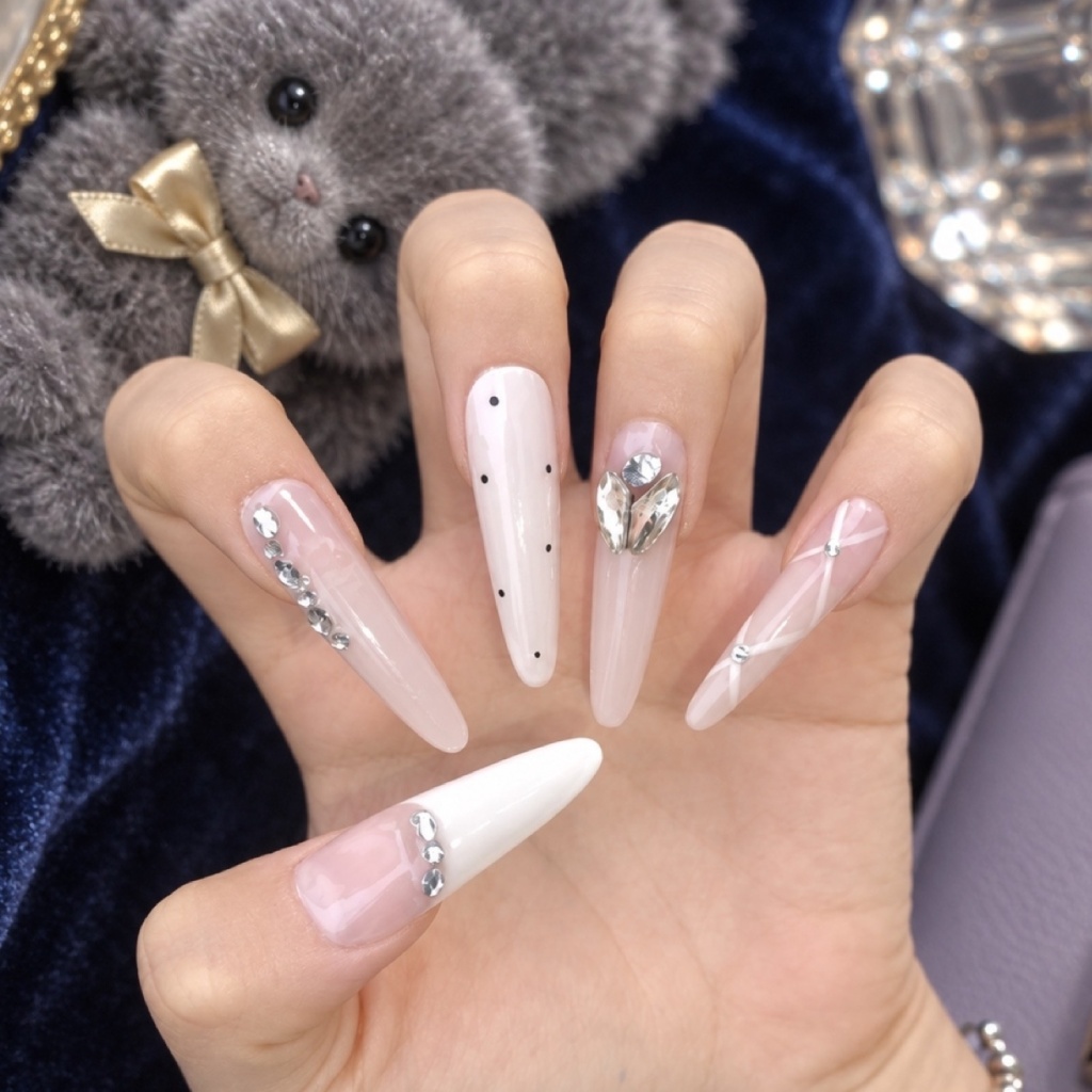 Rhinestone Heart Long Press-On Nails — product view 1