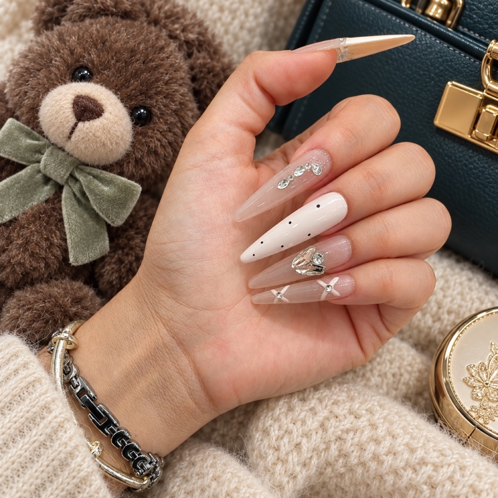 Rhinestone Heart Long Press-On Nails — product view 3